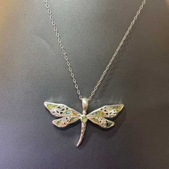 Dragonfly Mother of Pearl Abalone Shell Style Silver Necklace - Picture 3 of 4